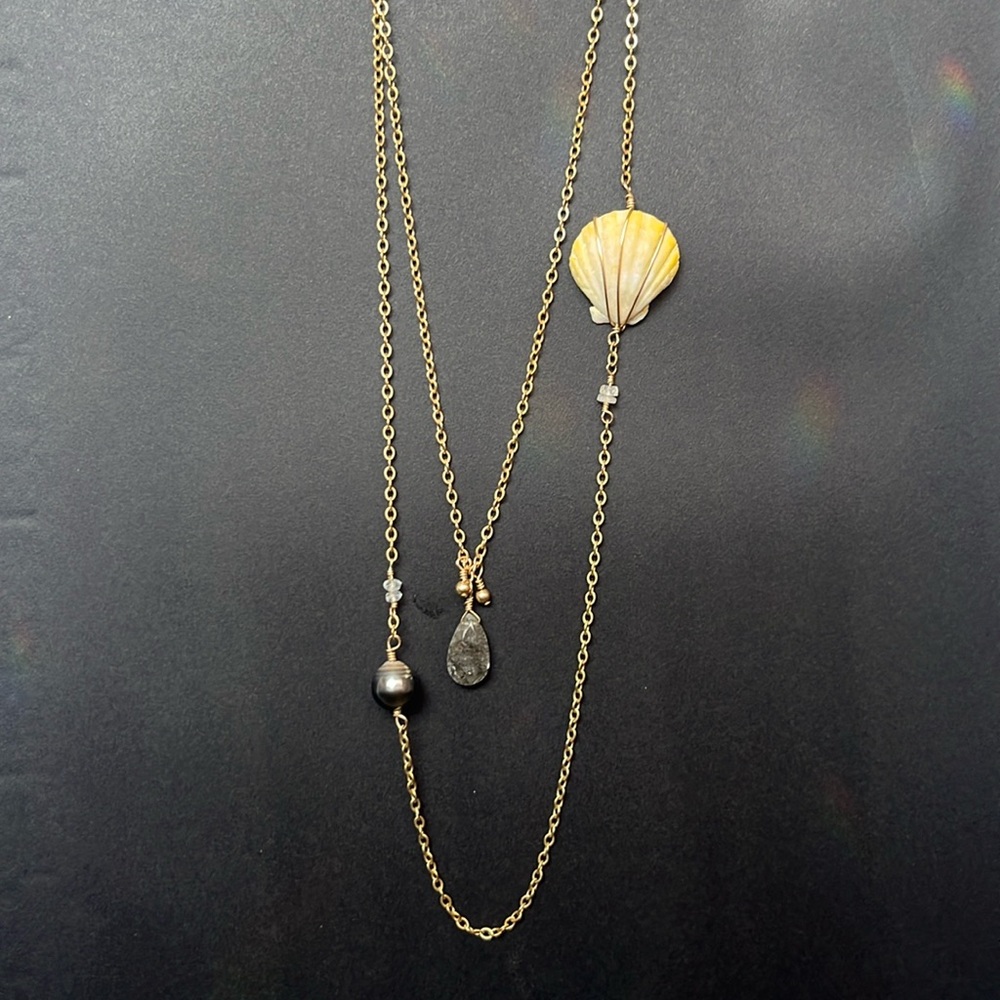 28” Double Layer Sunrise Shell, Tahitian Pearl & Rutilated Quartz Necklace